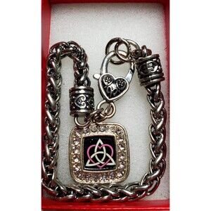 Celtic Trinity Knot Heart Charm Bracelet Silver Tone Pink & Black Romantic Gift